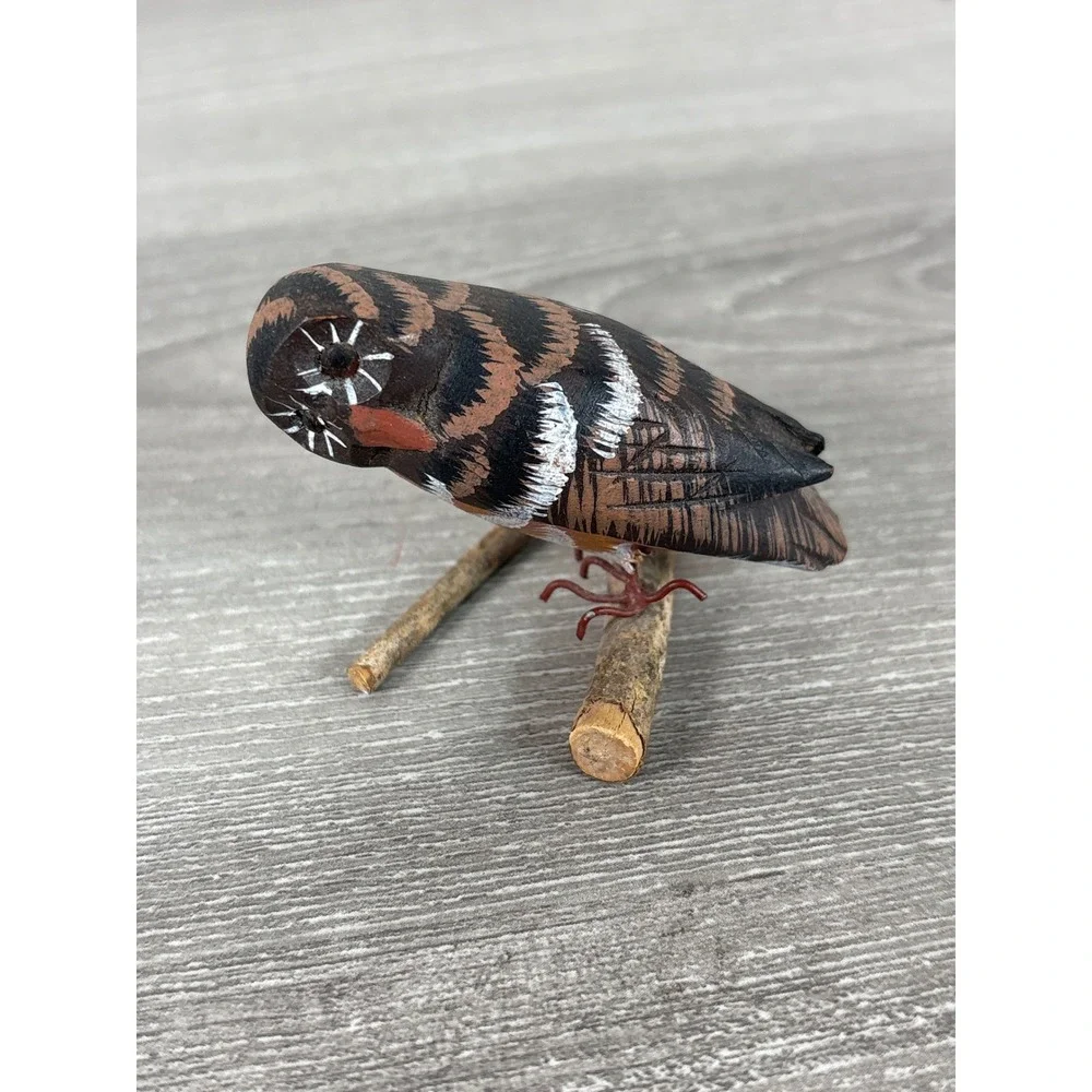Vintage Hand Carved Wooden Owl Figurine Miniature Folk Art Bird on Twig Perch‎